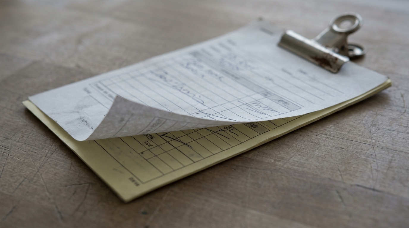A two part carbonless paper slip on a worn counter, the white top sheet lifted slightly to show the yellow copy beneath, both printed with faint ruled boxes and handwriting far too small to read, a metal clip on the corner.