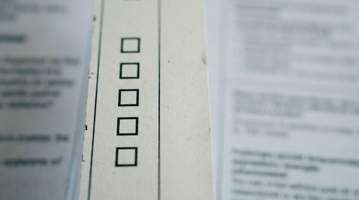 Macro photograph of one column of a printed paper form: five small empty squares in a vertical line, crisp printing on slightly textured paper, everything beside them out of focus so no word can be read. Nothing is ticked.